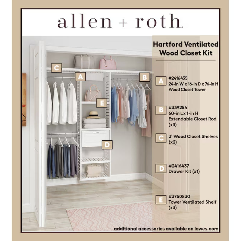 Hartford 5-Ft to 8-Ft W X 6.33-Ft H White Ventilated Shelving Wood Closet System